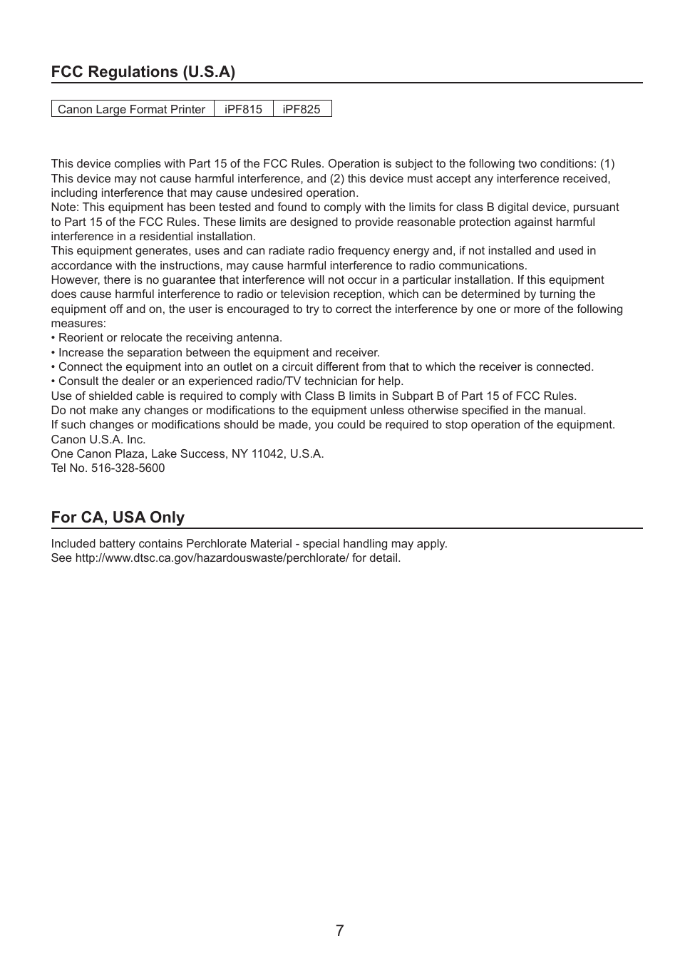 Fcc regulations (u.s.a), For ca, usa only | Canon imagePROGRAF iPF825 User Manual | Page 7 / 48