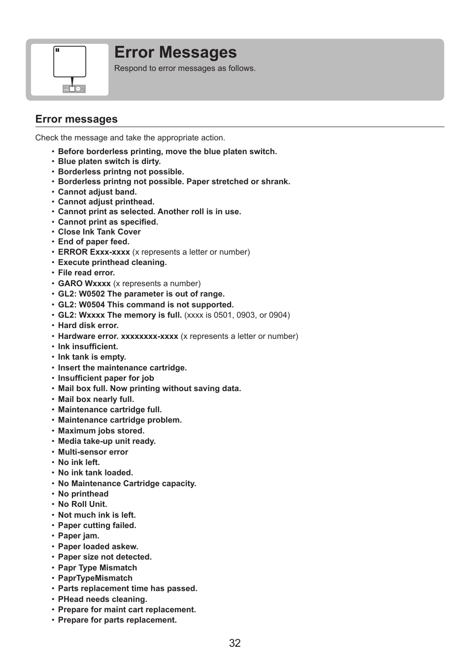 Error messages, 32 error messages | Canon imagePROGRAF iPF815 MFP M40 User Manual | Page 32 / 52