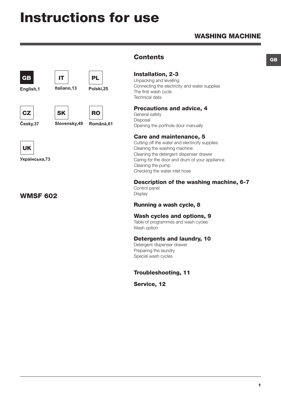 Hotpoint Ariston WMSF 602 User Manual | 84 pages