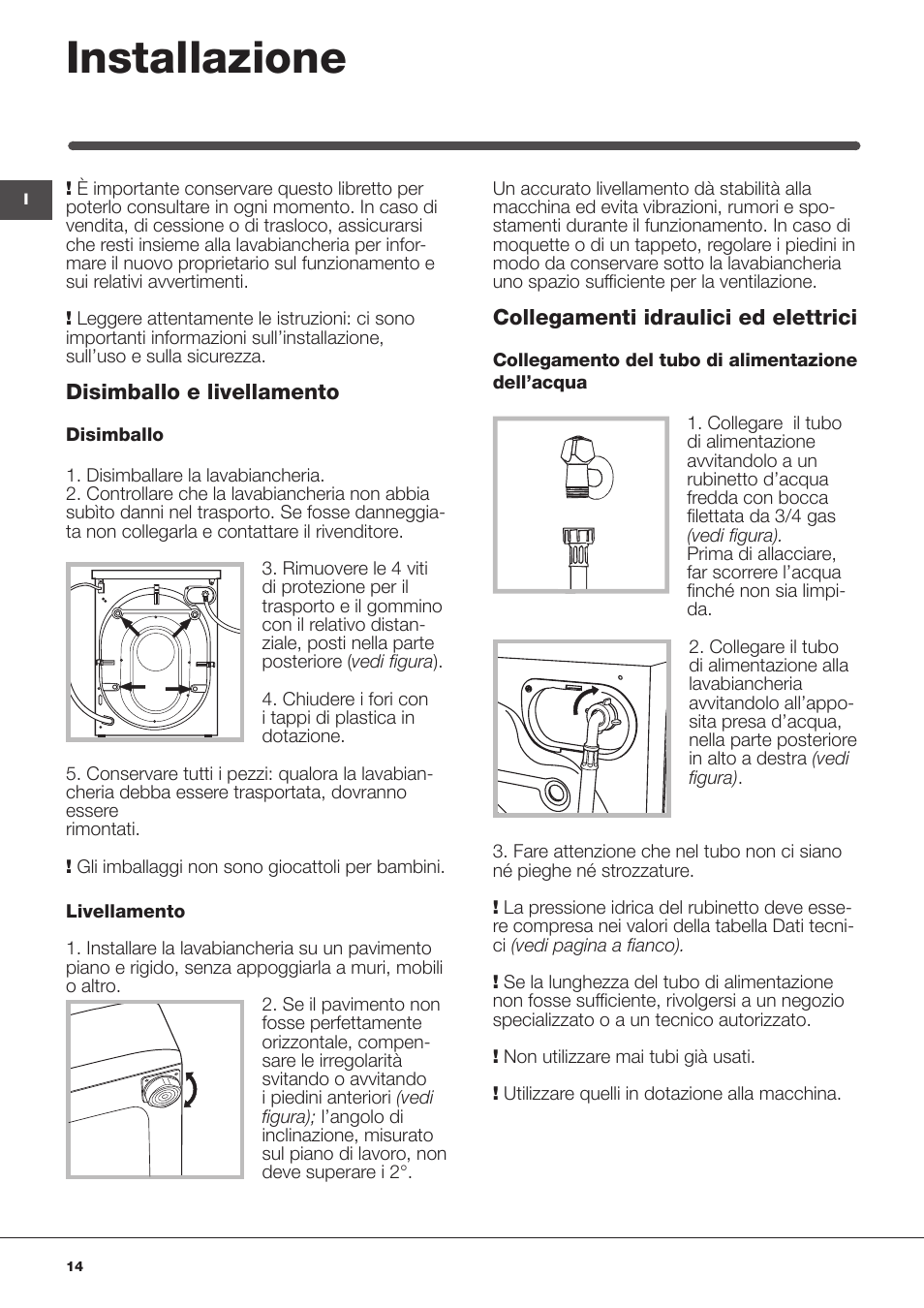Installazione | Hotpoint Ariston WMSF 602 User Manual | Page 14 / 84
