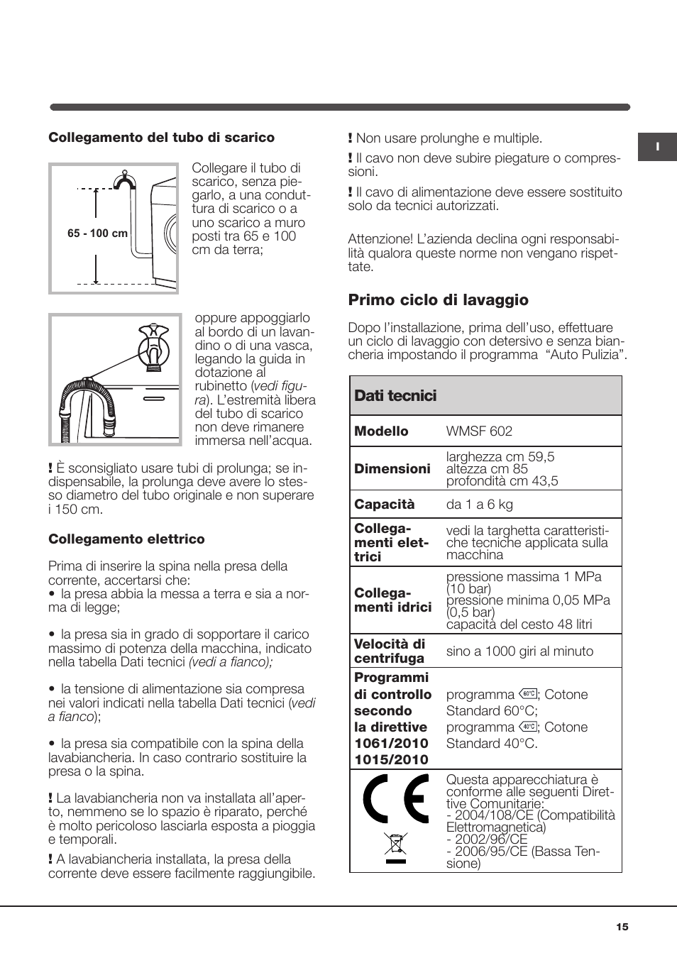 Hotpoint Ariston WMSF 602 User Manual | Page 15 / 84