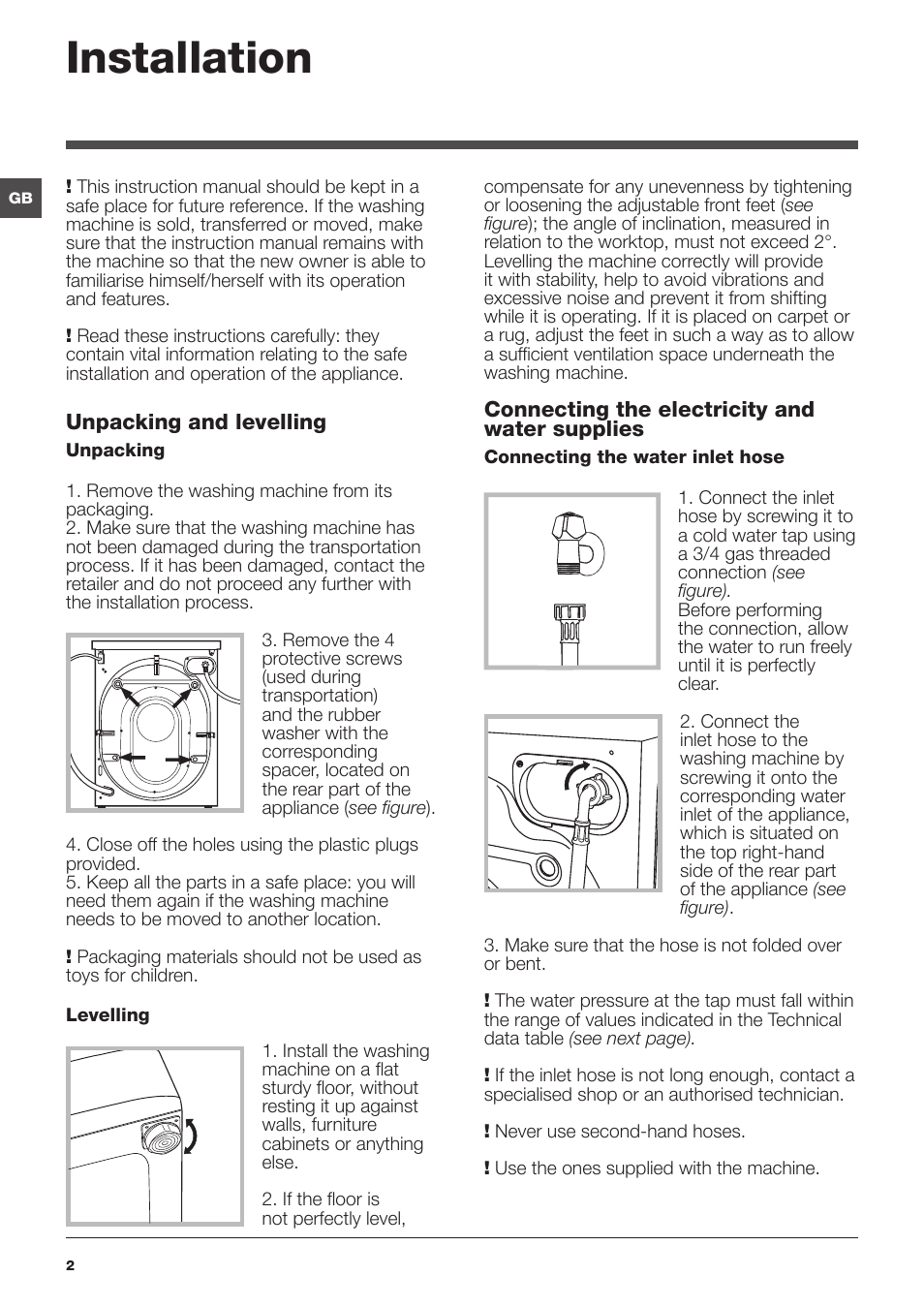 Installation | Hotpoint Ariston WMSF 602 User Manual | Page 2 / 84