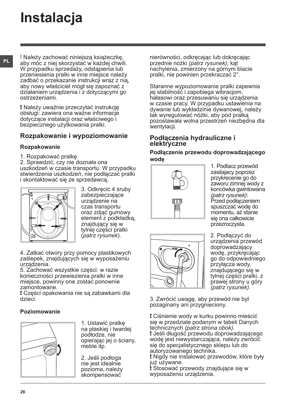 Instalacja | Hotpoint Ariston WMSF 602 User Manual | Page 26 / 84