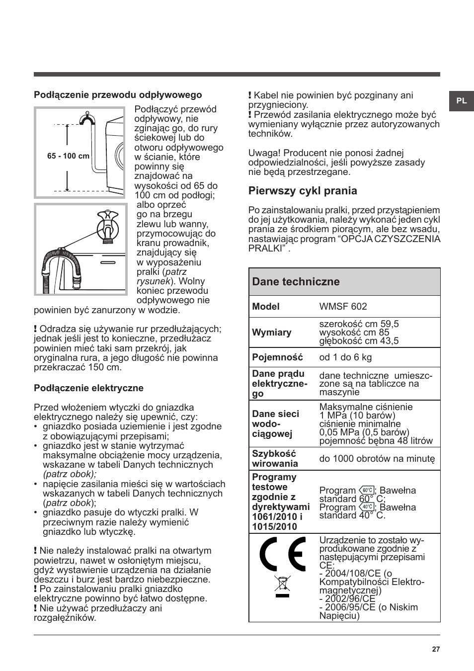 Hotpoint Ariston WMSF 602 User Manual | Page 27 / 84