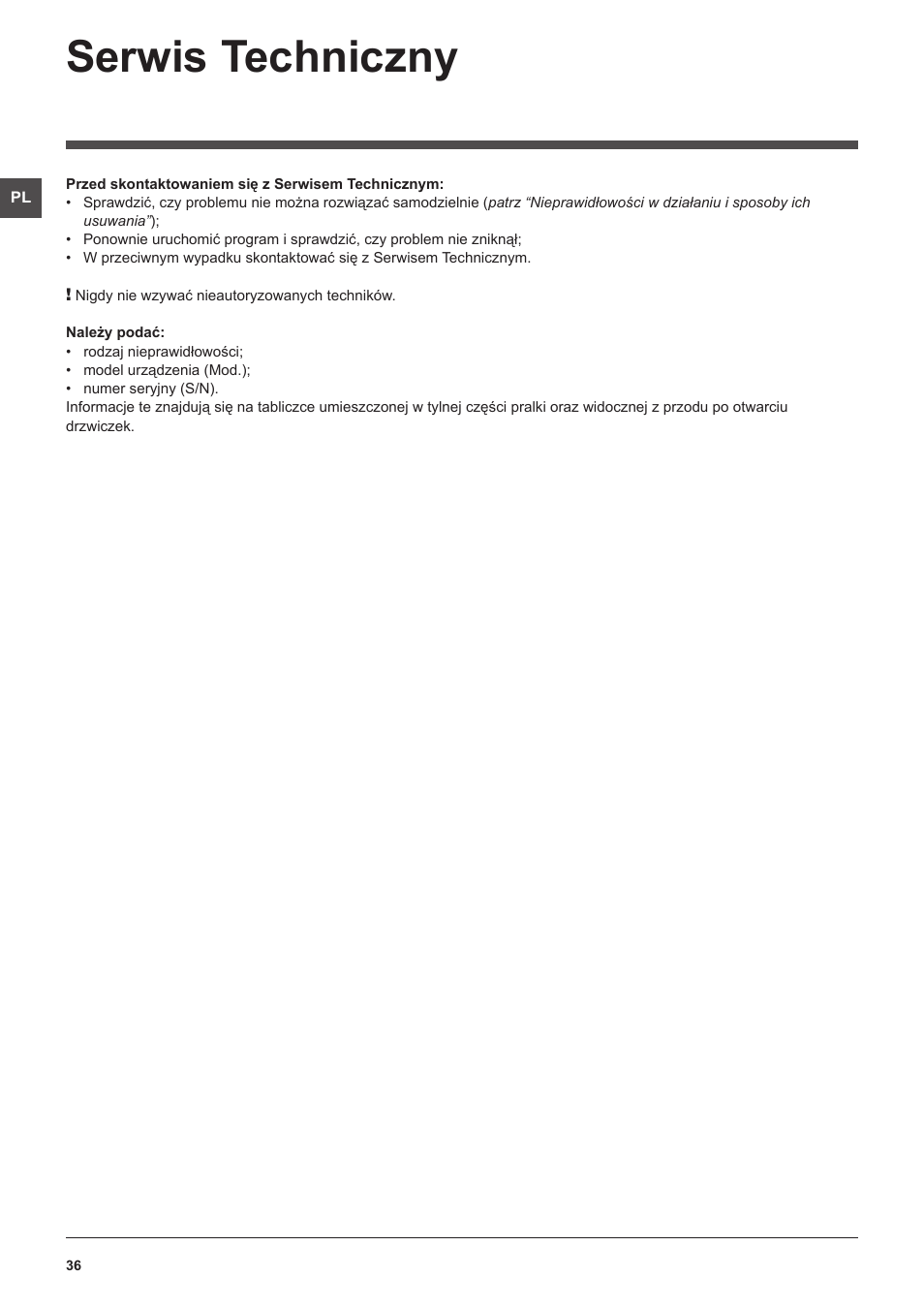 Serwis techniczny | Hotpoint Ariston WMSF 602 User Manual | Page 36 / 84