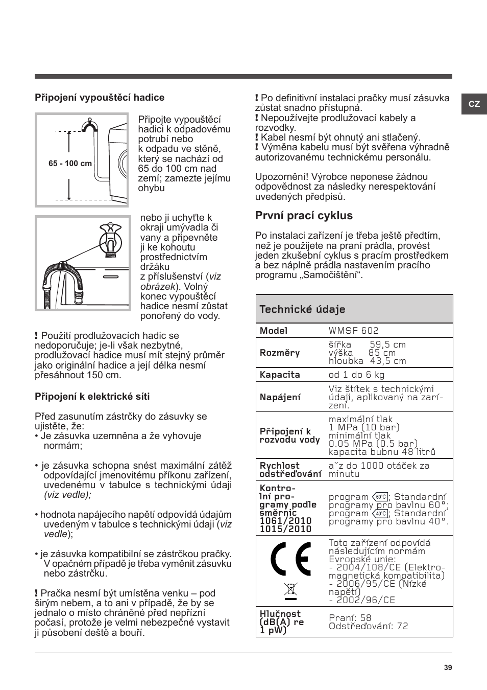 Hotpoint Ariston WMSF 602 User Manual | Page 39 / 84