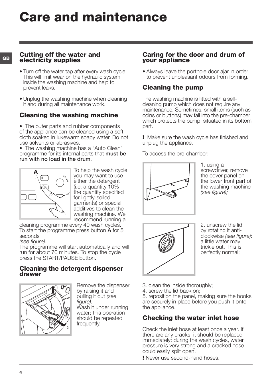 Care and maintenance | Hotpoint Ariston WMSF 602 User Manual | Page 4 / 84