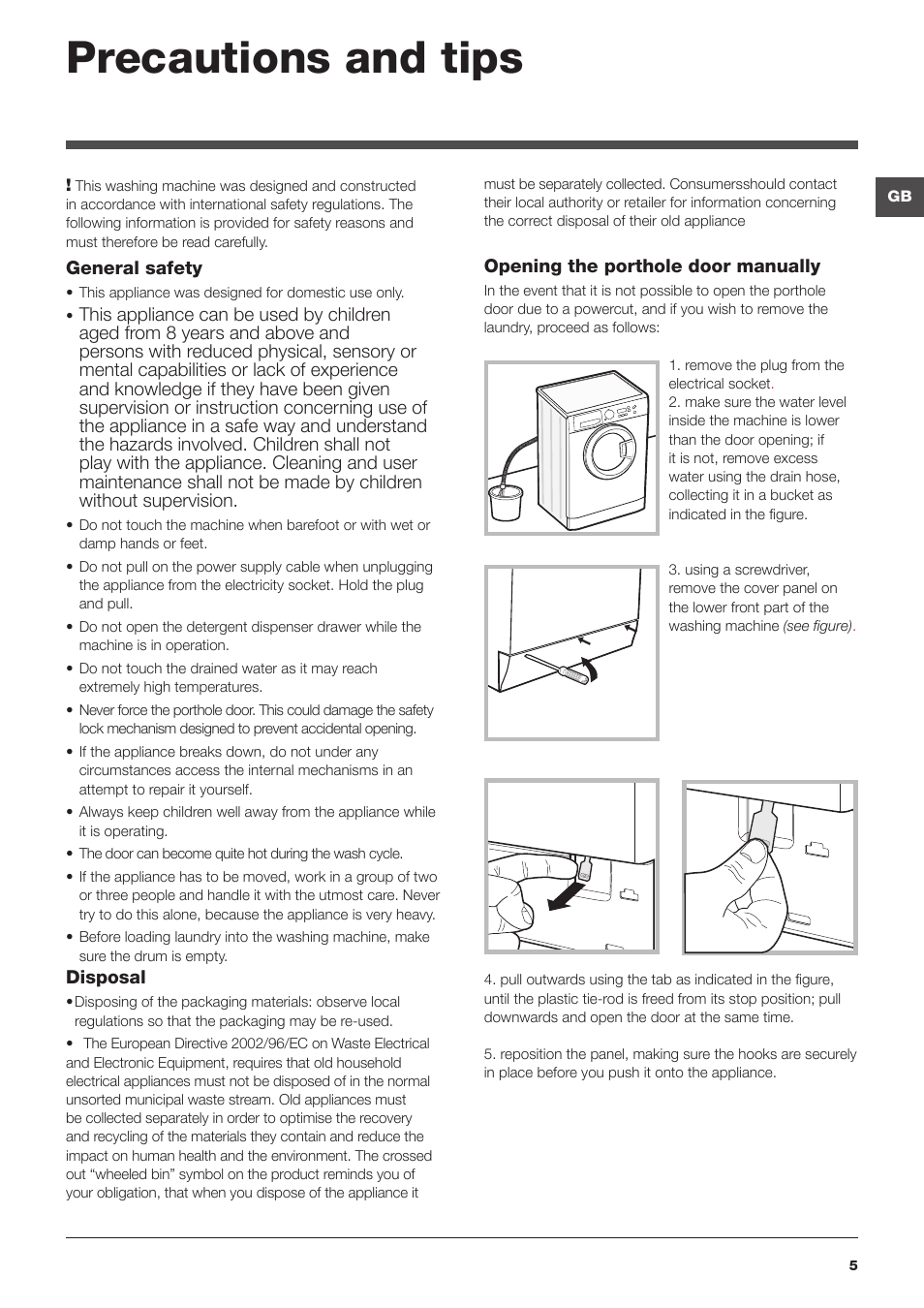 Precautions and tips | Hotpoint Ariston WMSF 602 User Manual | Page 5 / 84