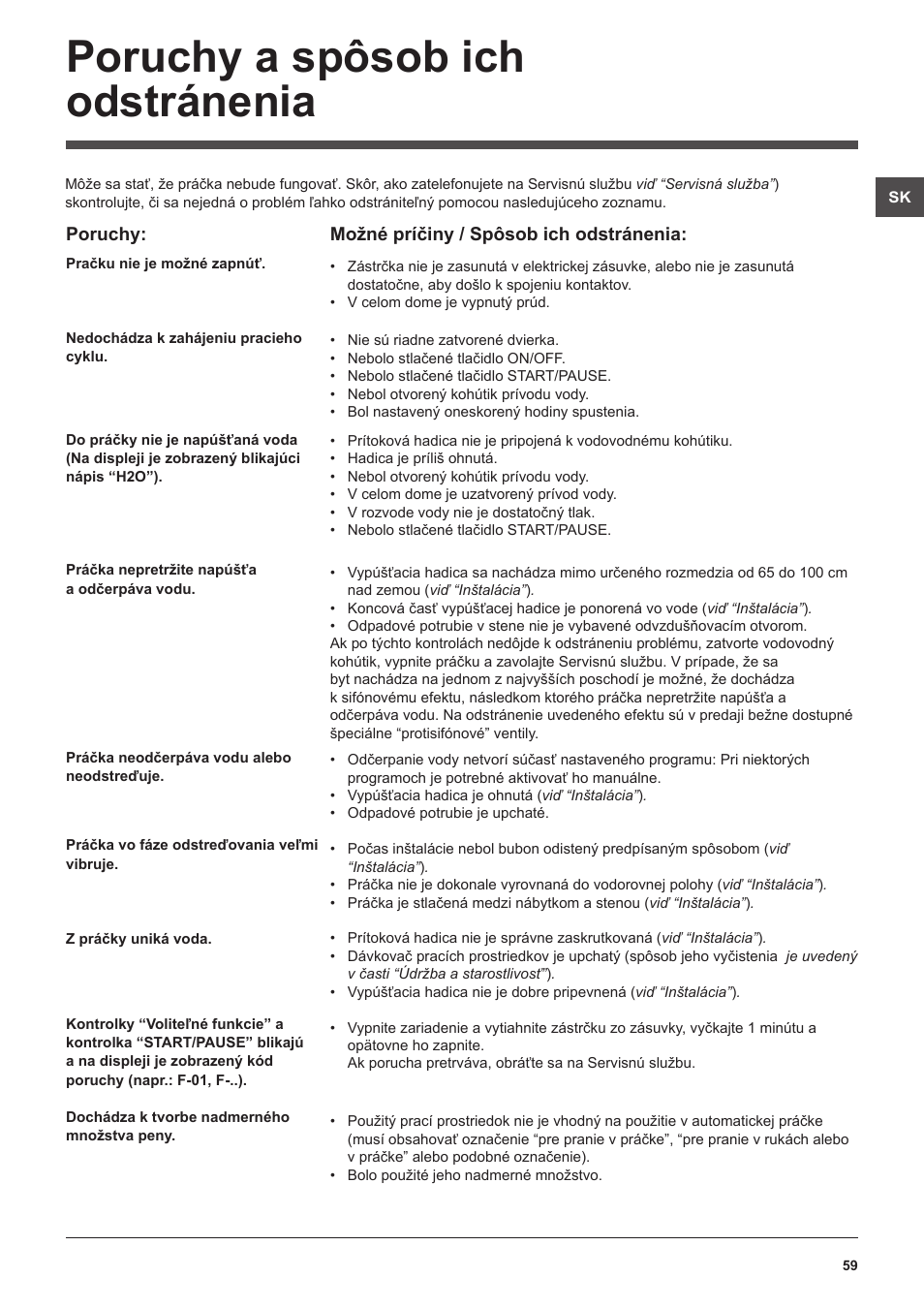 Poruchy a spôsob ich odstránenia | Hotpoint Ariston WMSF 602 User Manual | Page 59 / 84