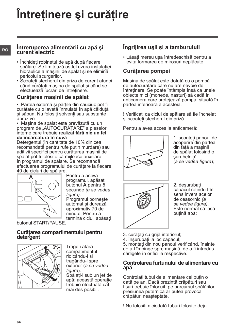 Întreţinere şi curăţire | Hotpoint Ariston WMSF 602 User Manual | Page 64 / 84
