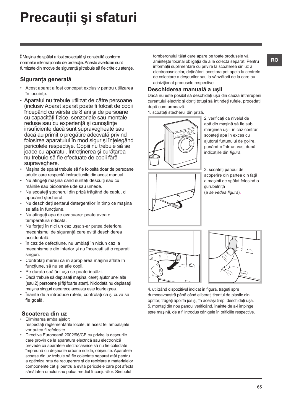 Precauţii şi sfaturi | Hotpoint Ariston WMSF 602 User Manual | Page 65 / 84