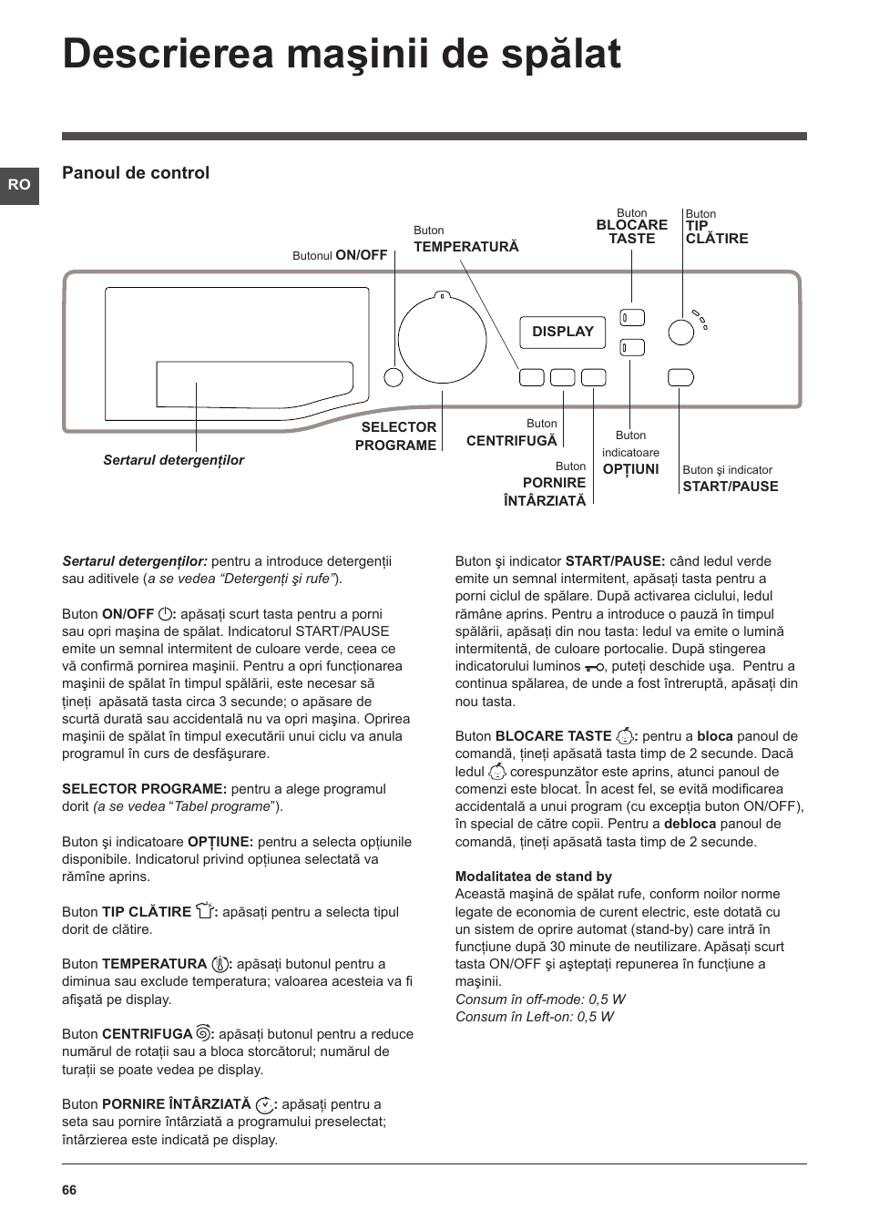 Descrierea maşinii de spălat, Panoul de control | Hotpoint Ariston WMSF 602 User Manual | Page 66 / 84