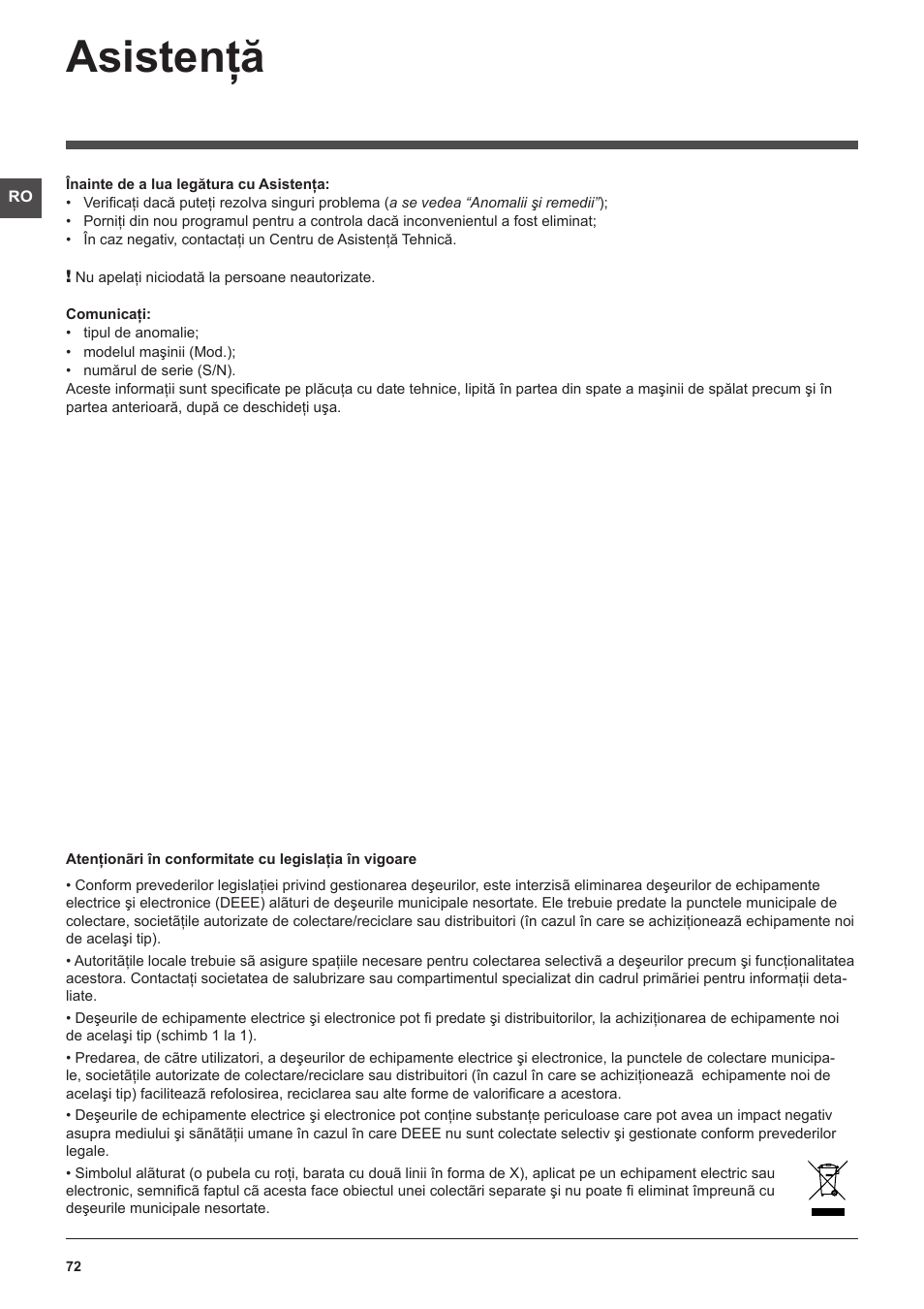Asistenţă | Hotpoint Ariston WMSF 602 User Manual | Page 72 / 84