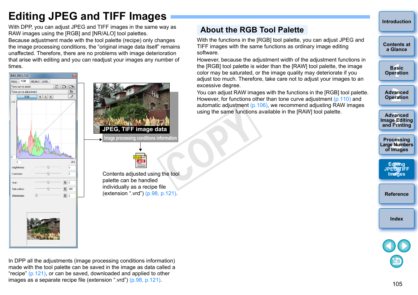 Editing jpeg and tiff images, P.105, P.105) | About the rgb tool palette, Cop y | Canon EOS Rebel T5i 18-55mm IS STM Lens Kit User Manual | Page 106 / 152