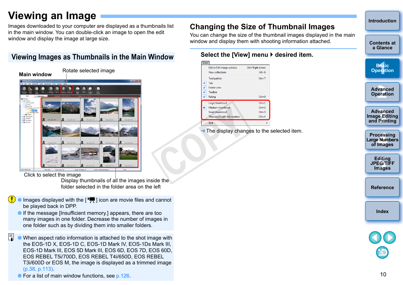 Viewing an image, P.10, Viewing images as thumbnails in the main window | Changing the size of thumbnail images, Cop y | Canon EOS Rebel T5i 18-55mm IS STM Lens Kit User Manual | Page 11 / 152