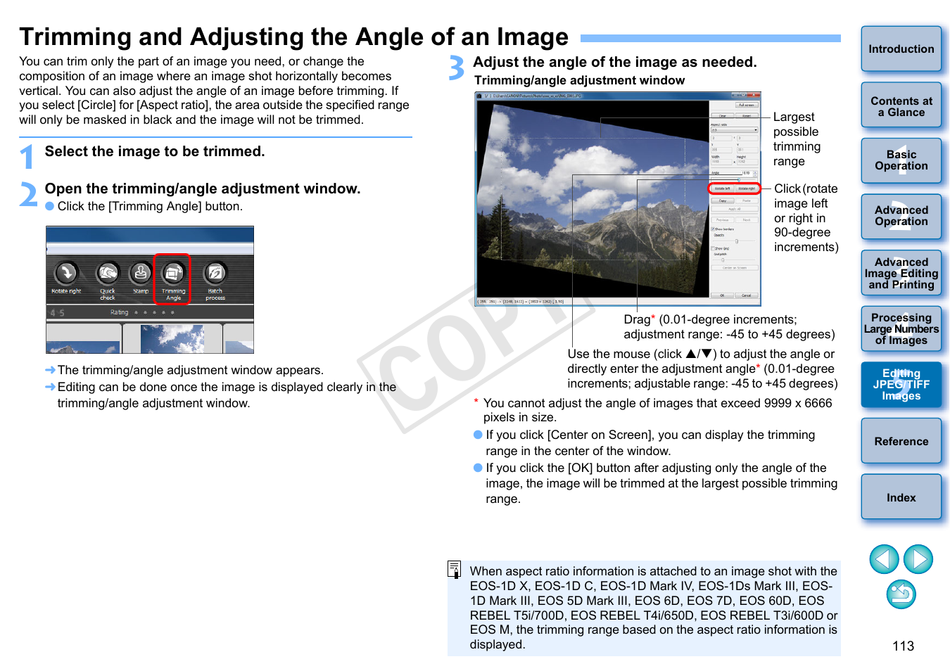 Trimming and adjusting the angle of an image, P.113, Cop y | Canon EOS Rebel T5i 18-55mm IS STM Lens Kit User Manual | Page 114 / 152