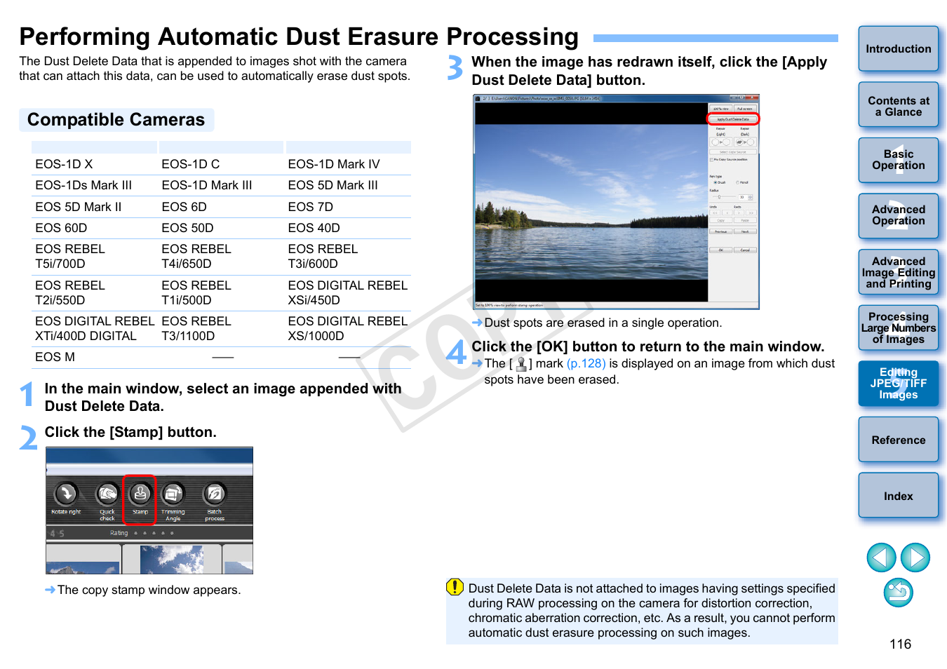 Performing automatic dust erasure processing, P.116, Compatible cameras | Cop y | Canon EOS Rebel T5i 18-55mm IS STM Lens Kit User Manual | Page 117 / 152