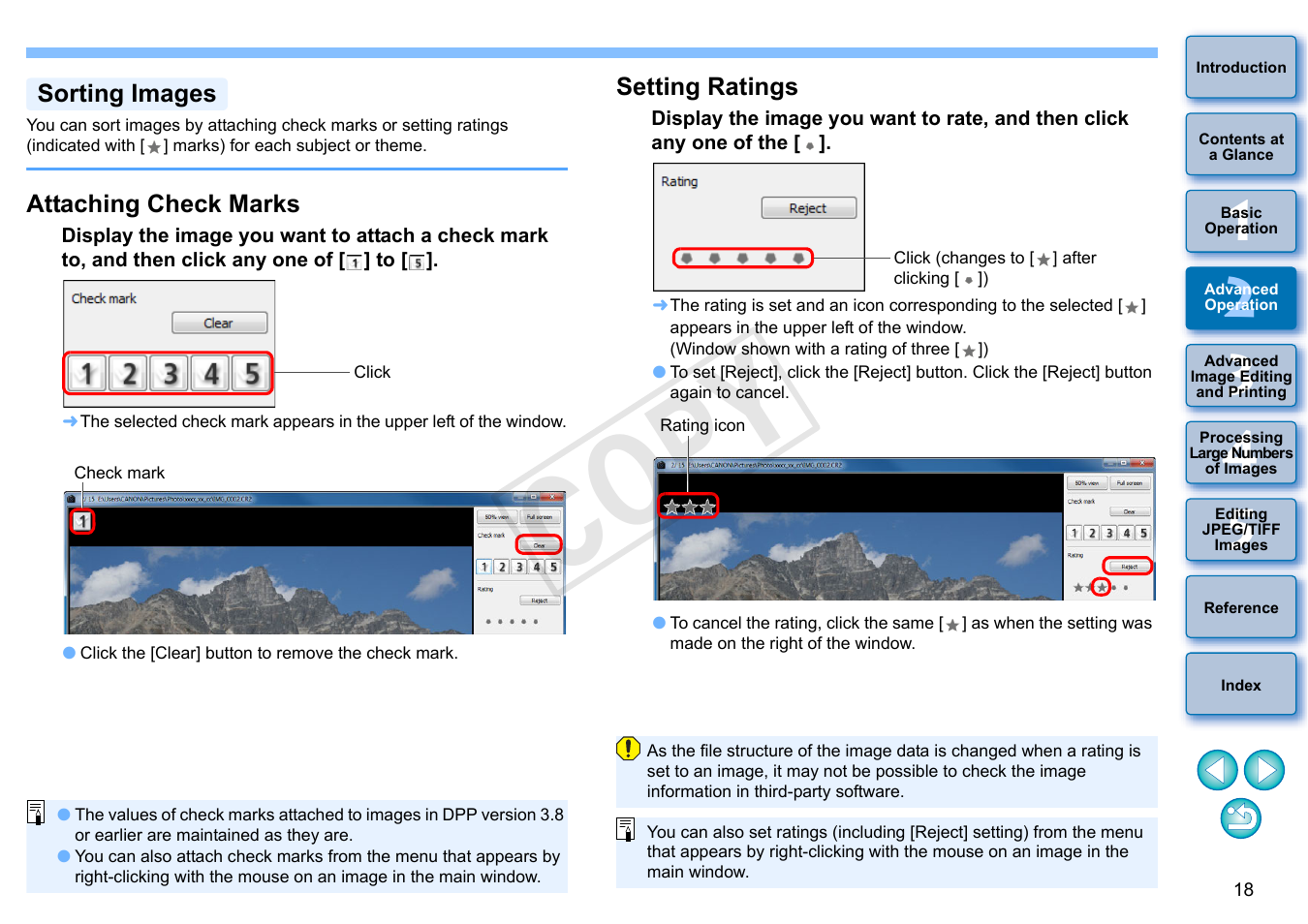 P.18, Sorting images, Attaching check marks | Setting ratings, Cop y | Canon EOS Rebel T5i 18-55mm IS STM Lens Kit User Manual | Page 19 / 152