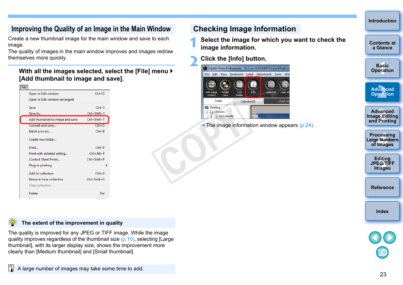 P.23, P.23), Checking image information | Cop y | Canon EOS Rebel T5i 18-55mm IS STM Lens Kit User Manual | Page 24 / 152