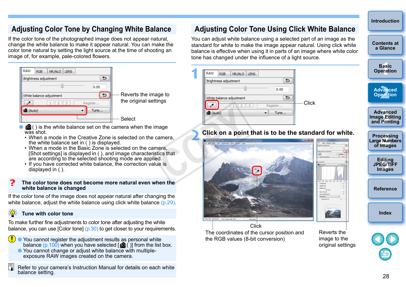 P.28, Adjusting color tone by changing white balance, Adjusting color tone using click white balance | Cop y | Canon EOS Rebel T5i 18-55mm IS STM Lens Kit User Manual | Page 29 / 152