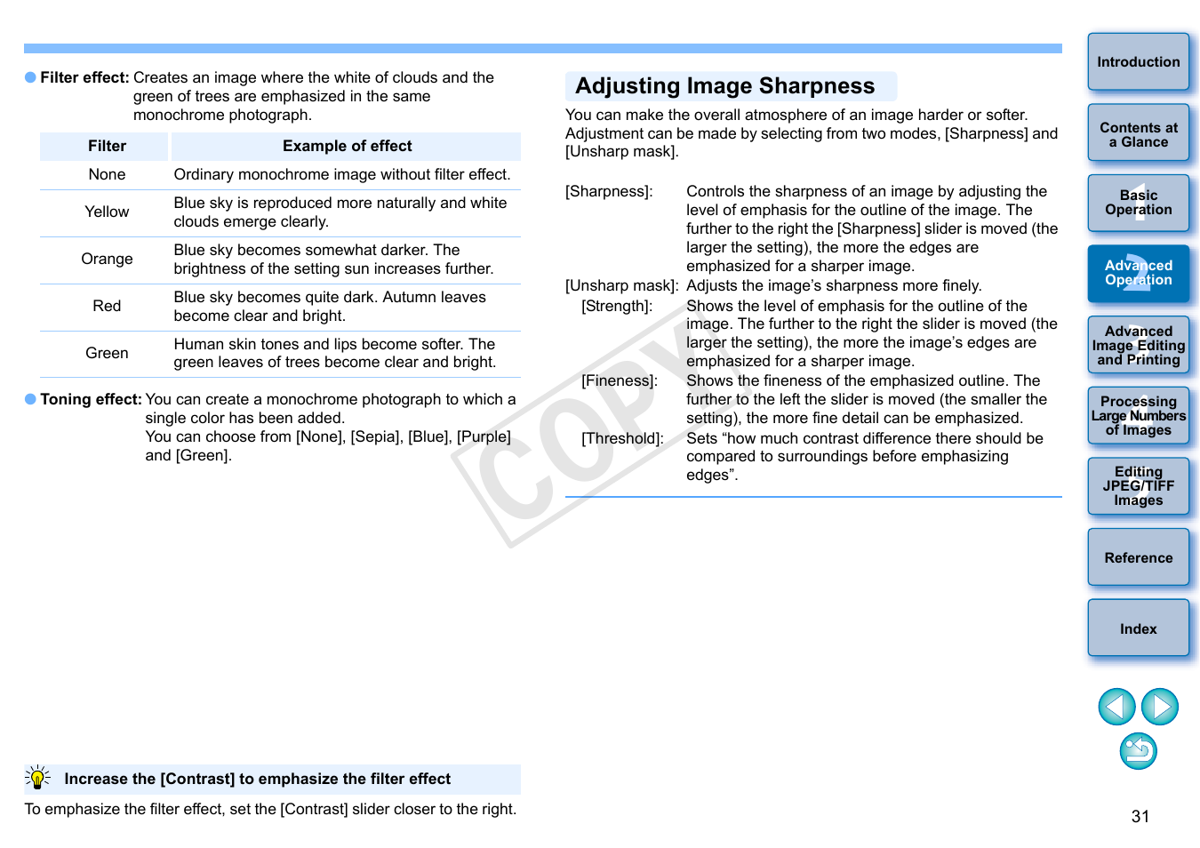 P.31, Adjusting image sharpness, Cop y | Canon EOS Rebel T5i 18-55mm IS STM Lens Kit User Manual | Page 32 / 152