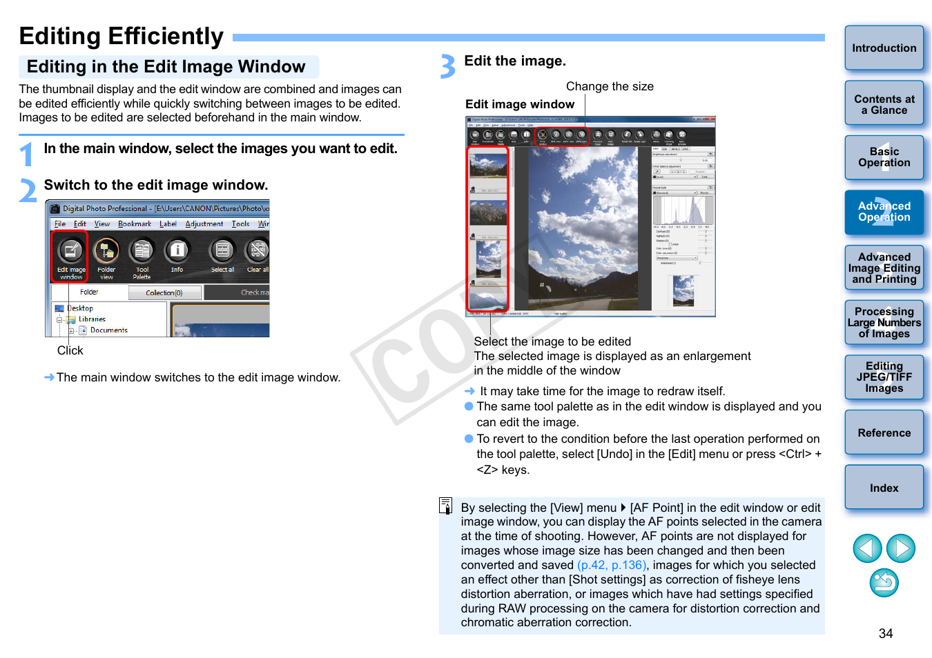 Editing efficiently, P.34, Editing in the edit image window | Cop y | Canon EOS Rebel T5i 18-55mm IS STM Lens Kit User Manual | Page 35 / 152