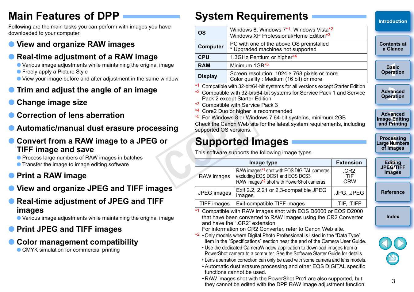Main features of dpp, System requirements, Supported images | Cop y | Canon EOS Rebel T5i 18-55mm IS STM Lens Kit User Manual | Page 4 / 152