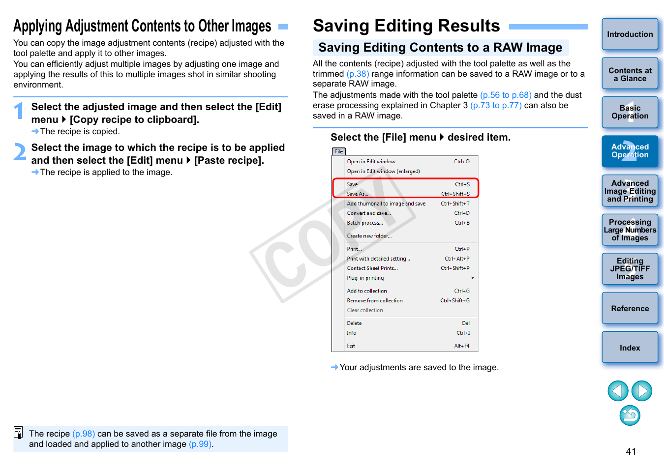 Applying adjustment contents to other images, Saving editing results, P.41) | Saving editing contents to a raw image, Cop y | Canon EOS Rebel T5i 18-55mm IS STM Lens Kit User Manual | Page 42 / 152