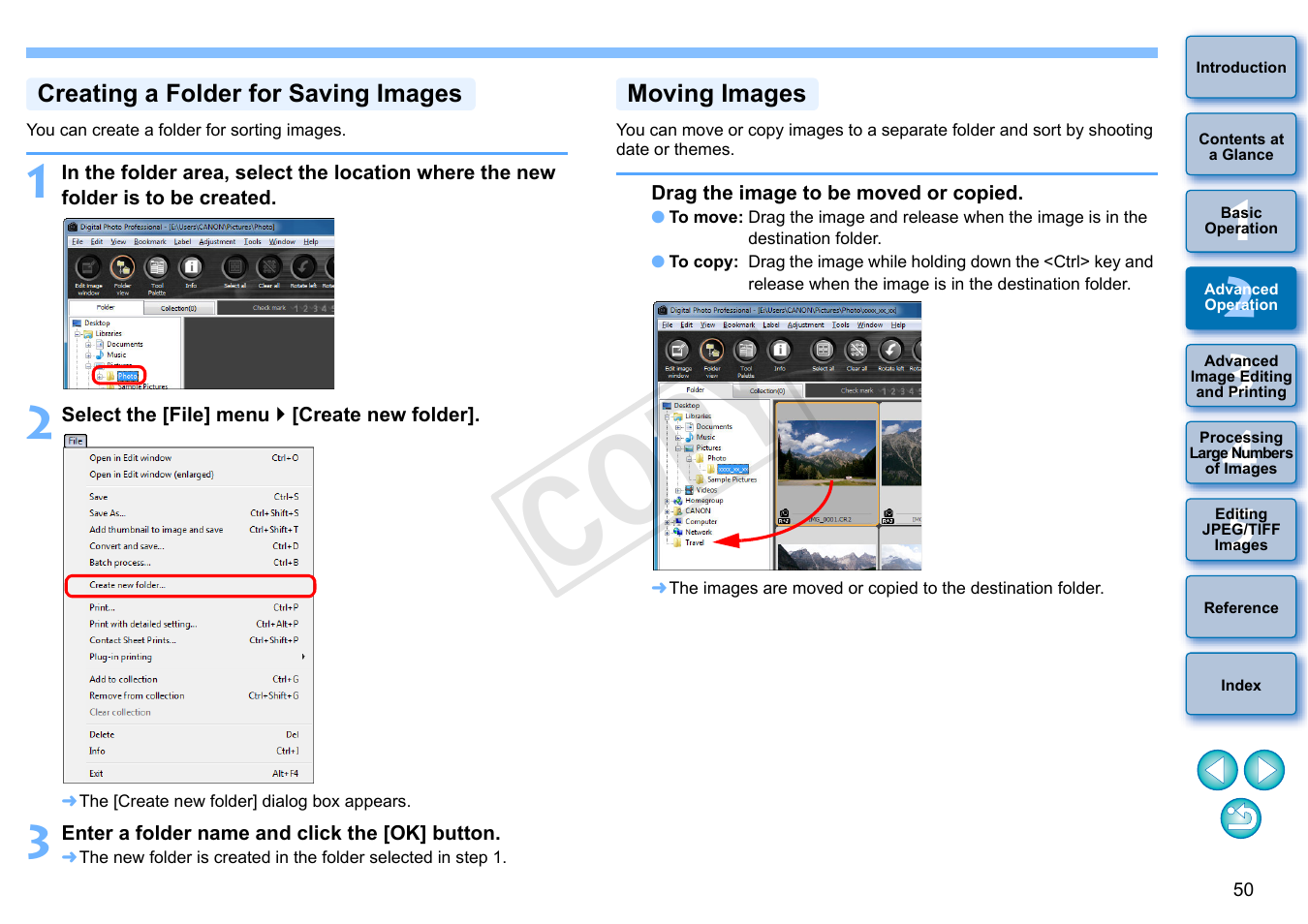P.50, Creating a folder for saving images, Moving images | Image, P.50), Cop y | Canon EOS Rebel T5i 18-55mm IS STM Lens Kit User Manual | Page 51 / 152