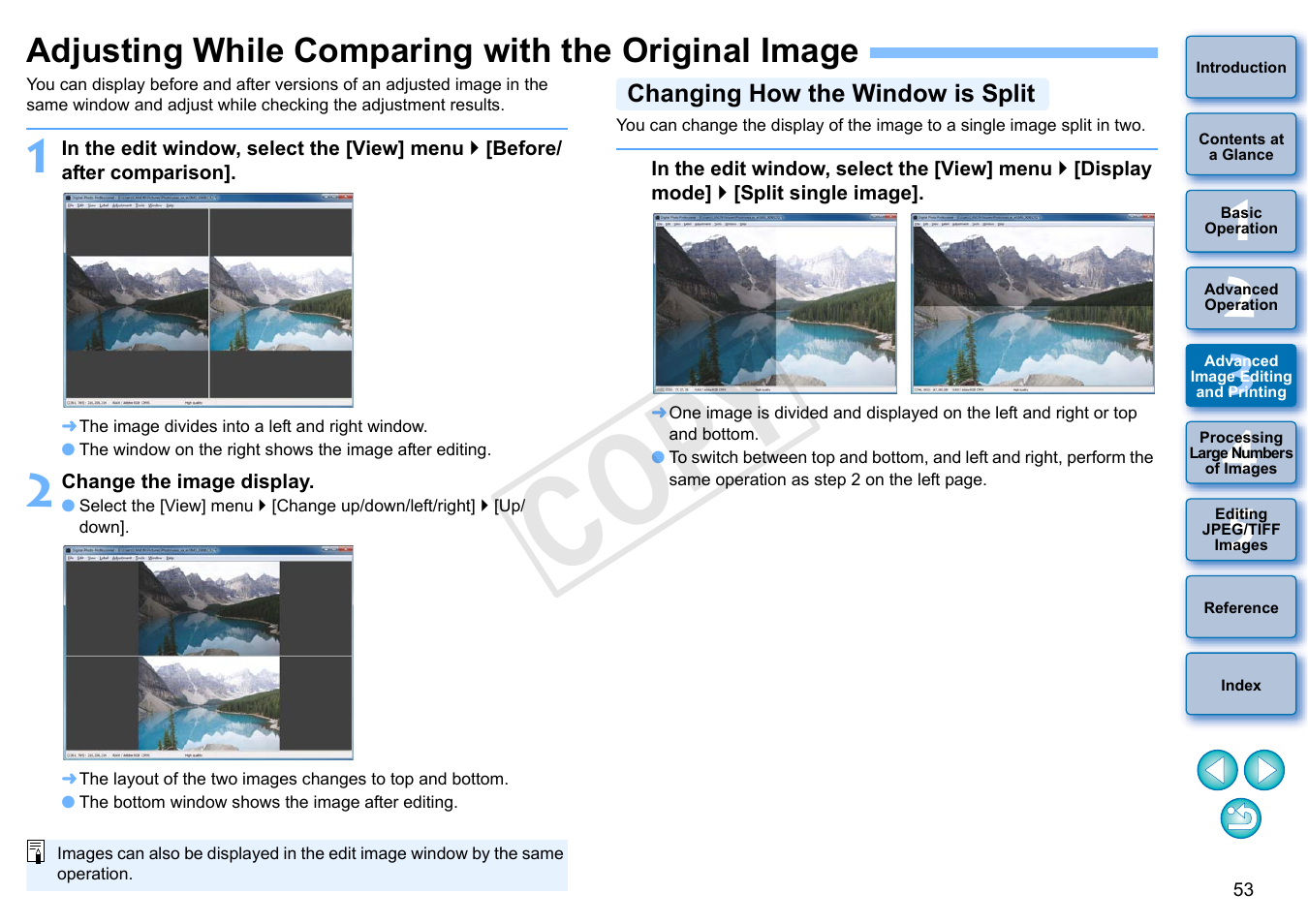 Adjusting while comparing with the original image, P.53, R adjustment | P.53), Changing how the window is split, Cop y | Canon EOS Rebel T5i 18-55mm IS STM Lens Kit User Manual | Page 54 / 152