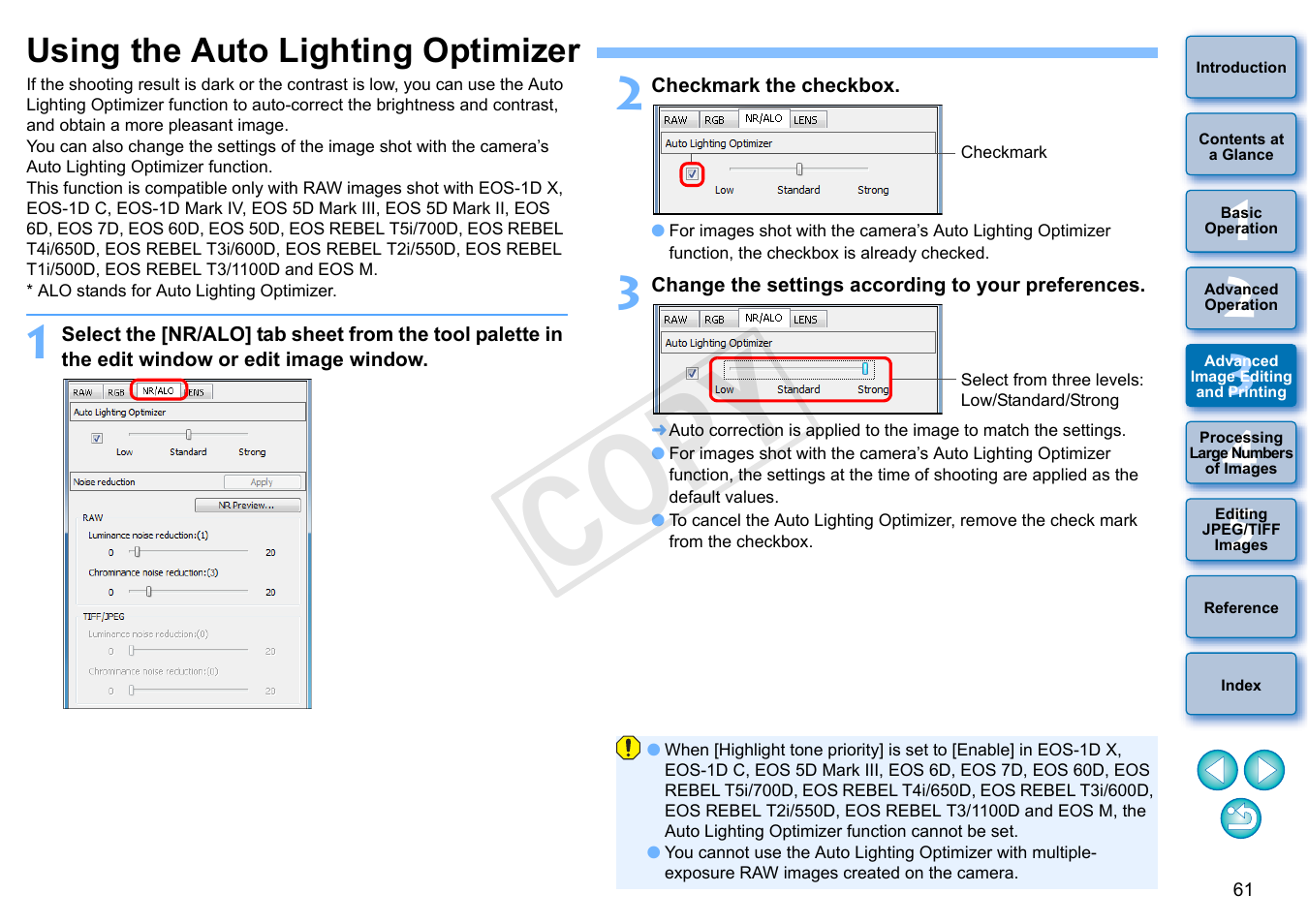 Using the auto lighting optimizer, P.61, P.61) | Cop y | Canon EOS Rebel T5i 18-55mm IS STM Lens Kit User Manual | Page 62 / 152