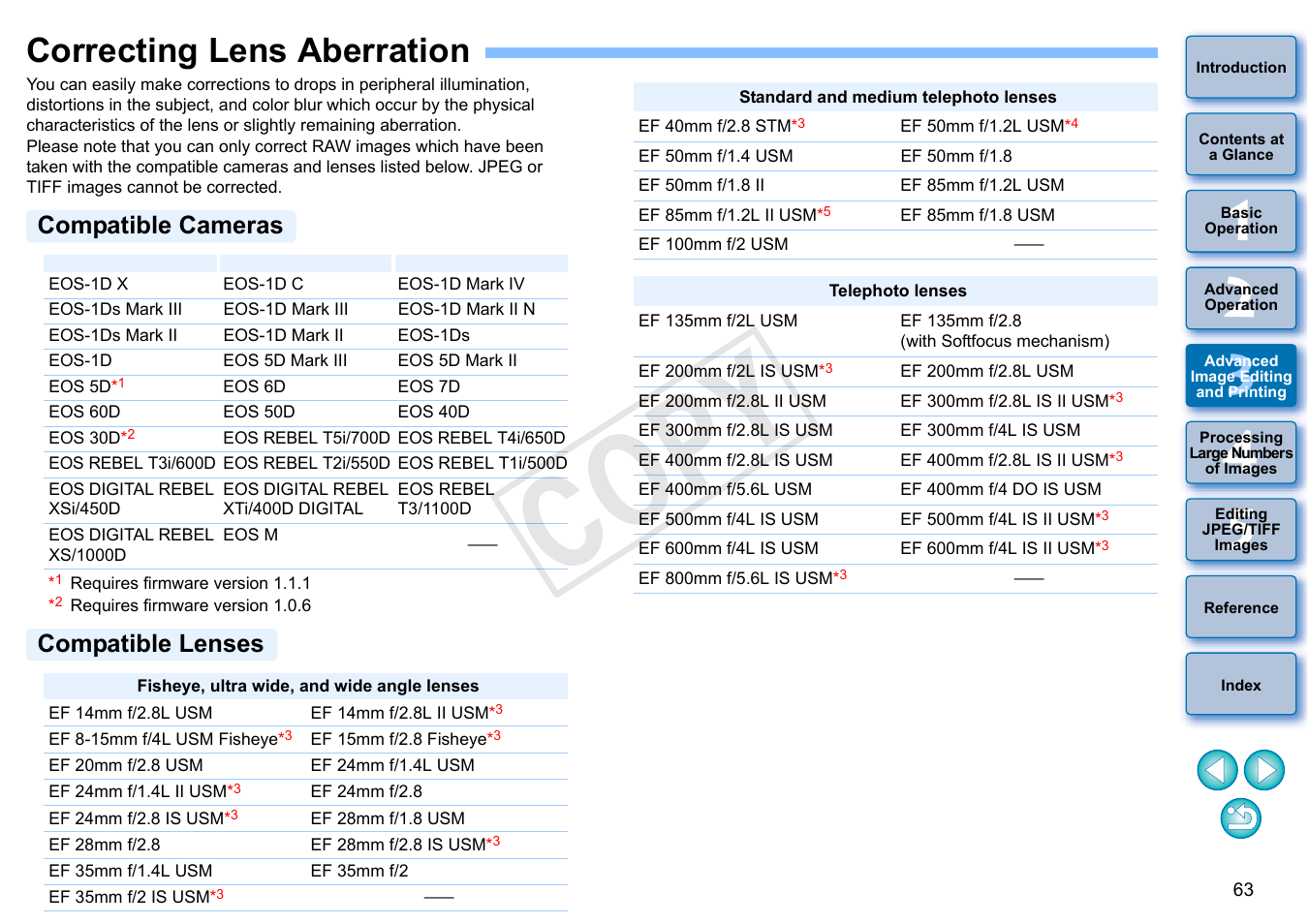 Correcting lens aberration, P.63, Compatible cameras | Compatible lenses, P.63), Cop y, Compatible cameras compatible lenses | Canon EOS Rebel T5i 18-55mm IS STM Lens Kit User Manual | Page 64 / 152