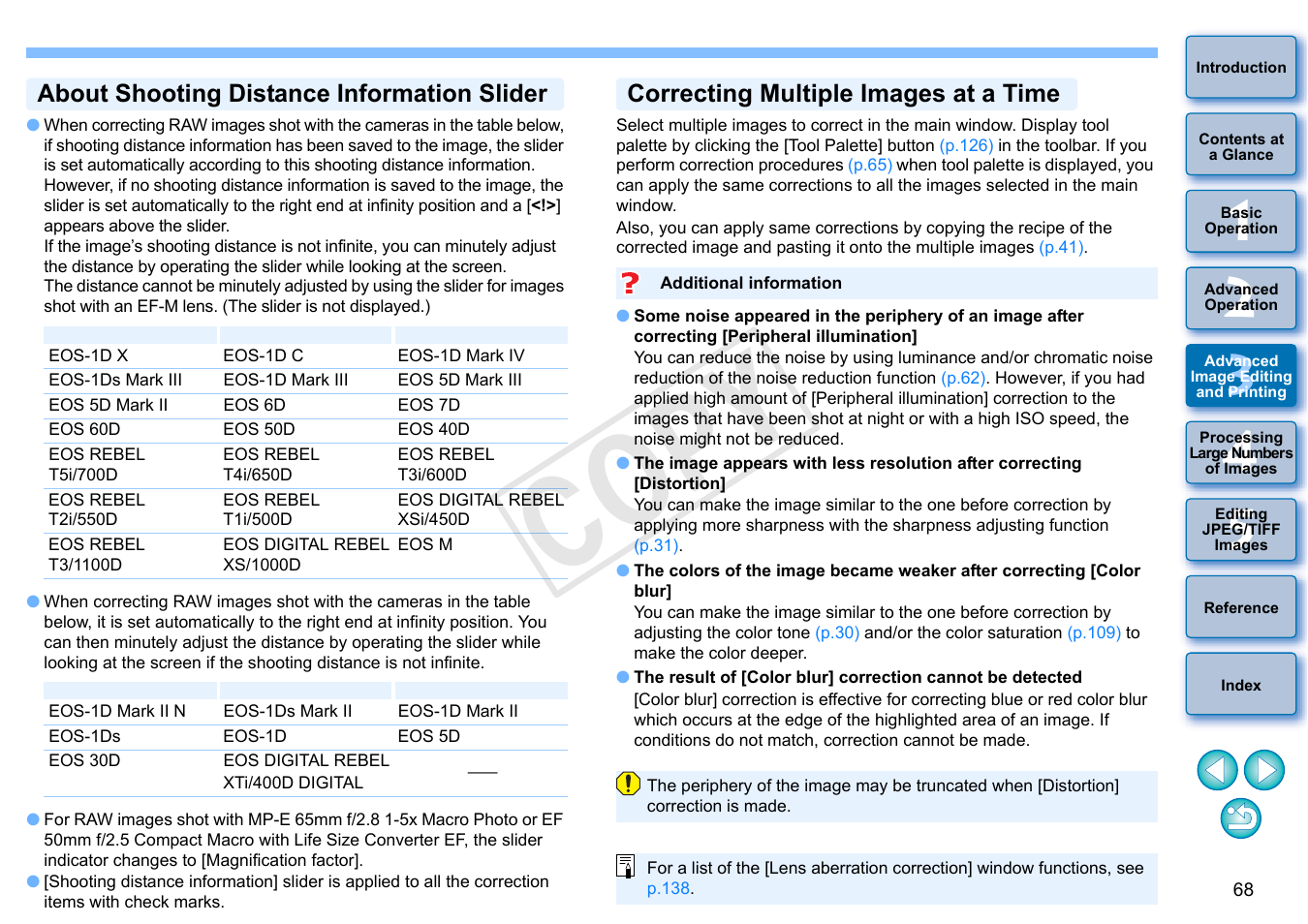 To p.68), About shooting distance information slider, Correcting multiple images at a time | Cop y | Canon EOS Rebel T5i 18-55mm IS STM Lens Kit User Manual | Page 69 / 152