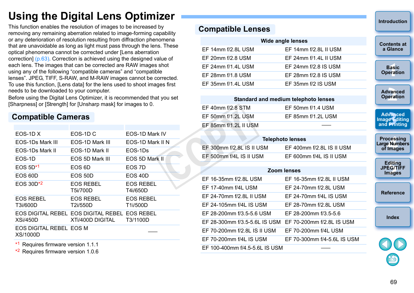 Using the digital lens optimizer, P.69, Mizer | P.69), Compatible cameras, Compatible lenses, Cop y | Canon EOS Rebel T5i 18-55mm IS STM Lens Kit User Manual | Page 70 / 152