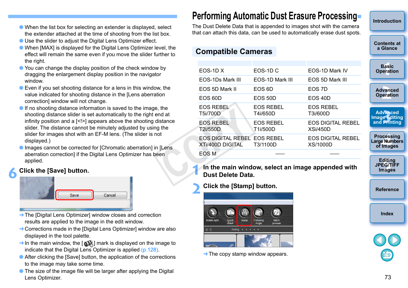 Performing automatic dust erasure processing, P.73, P.73 to | P.73 to p, Compatible cameras, Cop y | Canon EOS Rebel T5i 18-55mm IS STM Lens Kit User Manual | Page 74 / 152