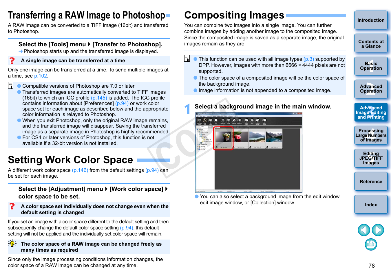 Transferring a raw image to photoshop, Setting work color space, Compositing images | P.78, P.78, p, P.78), P.78, p.94, Cop y | Canon EOS Rebel T5i 18-55mm IS STM Lens Kit User Manual | Page 79 / 152