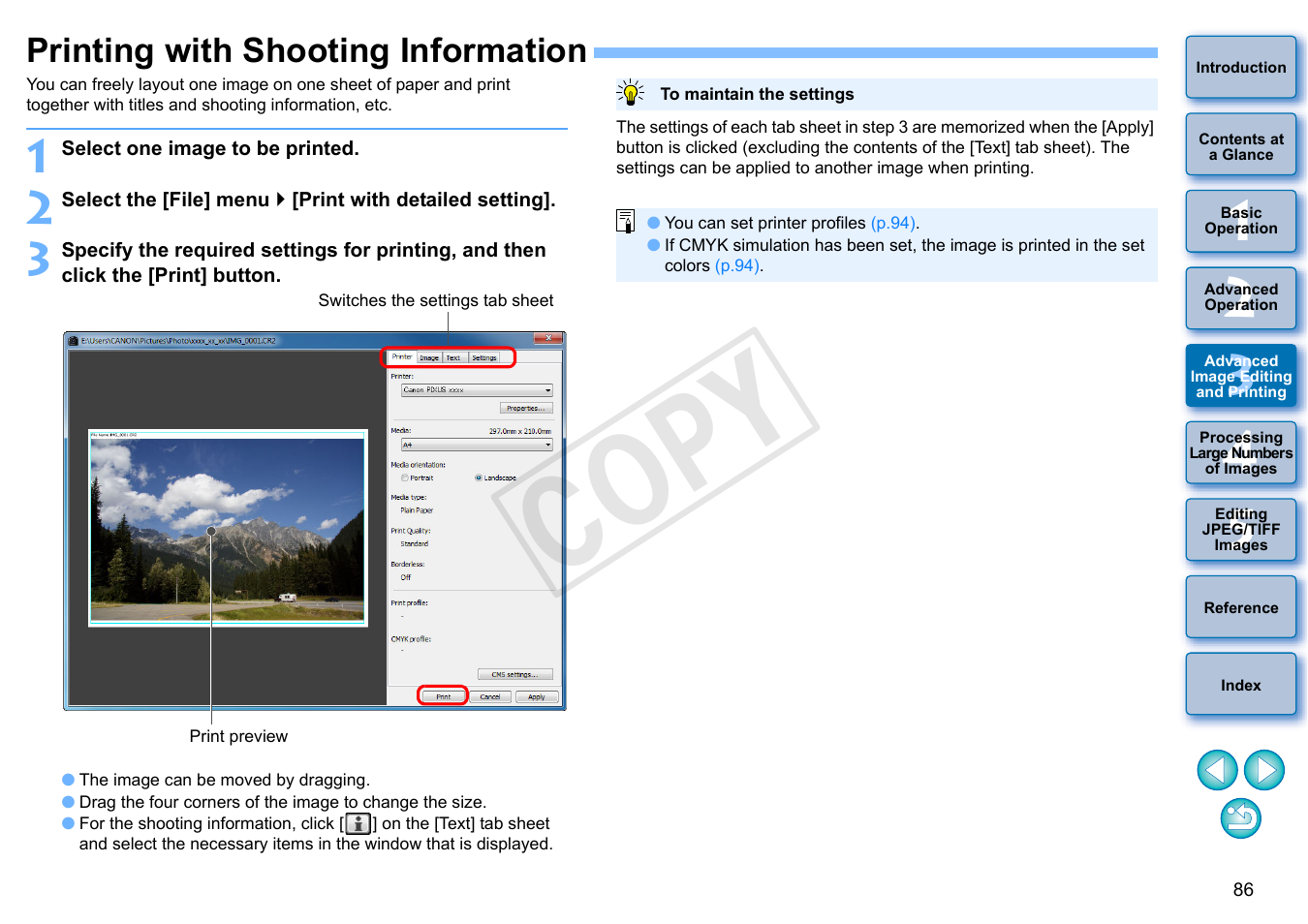 Printing with shooting information, P.86, P.86) | Rmation, Cop y | Canon EOS Rebel T5i 18-55mm IS STM Lens Kit User Manual | Page 87 / 152
