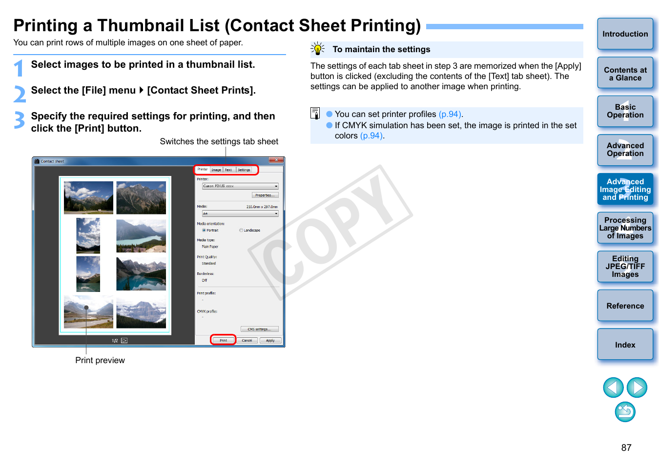 Printing a thumbnail list (contact sheet printing), P.87, P.87) | Printing), Cop y | Canon EOS Rebel T5i 18-55mm IS STM Lens Kit User Manual | Page 88 / 152