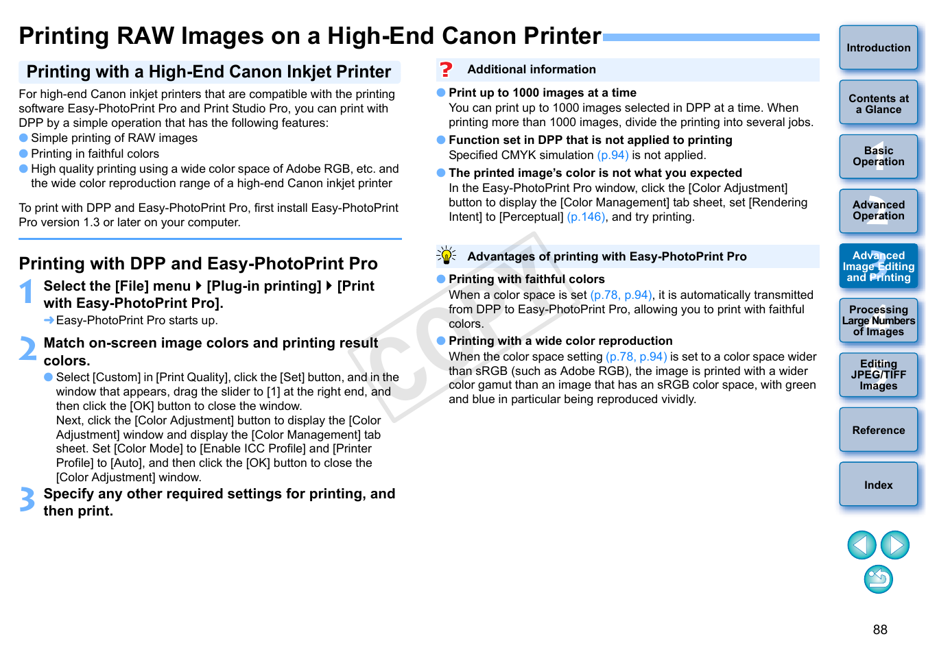 Printing raw images on a high-end canon printer, P.88, P.88) | T pro, Printing with a high-end canon inkjet printer, Printing with dpp and easy-photoprint pro, Cop y | Canon EOS Rebel T5i 18-55mm IS STM Lens Kit User Manual | Page 89 / 152