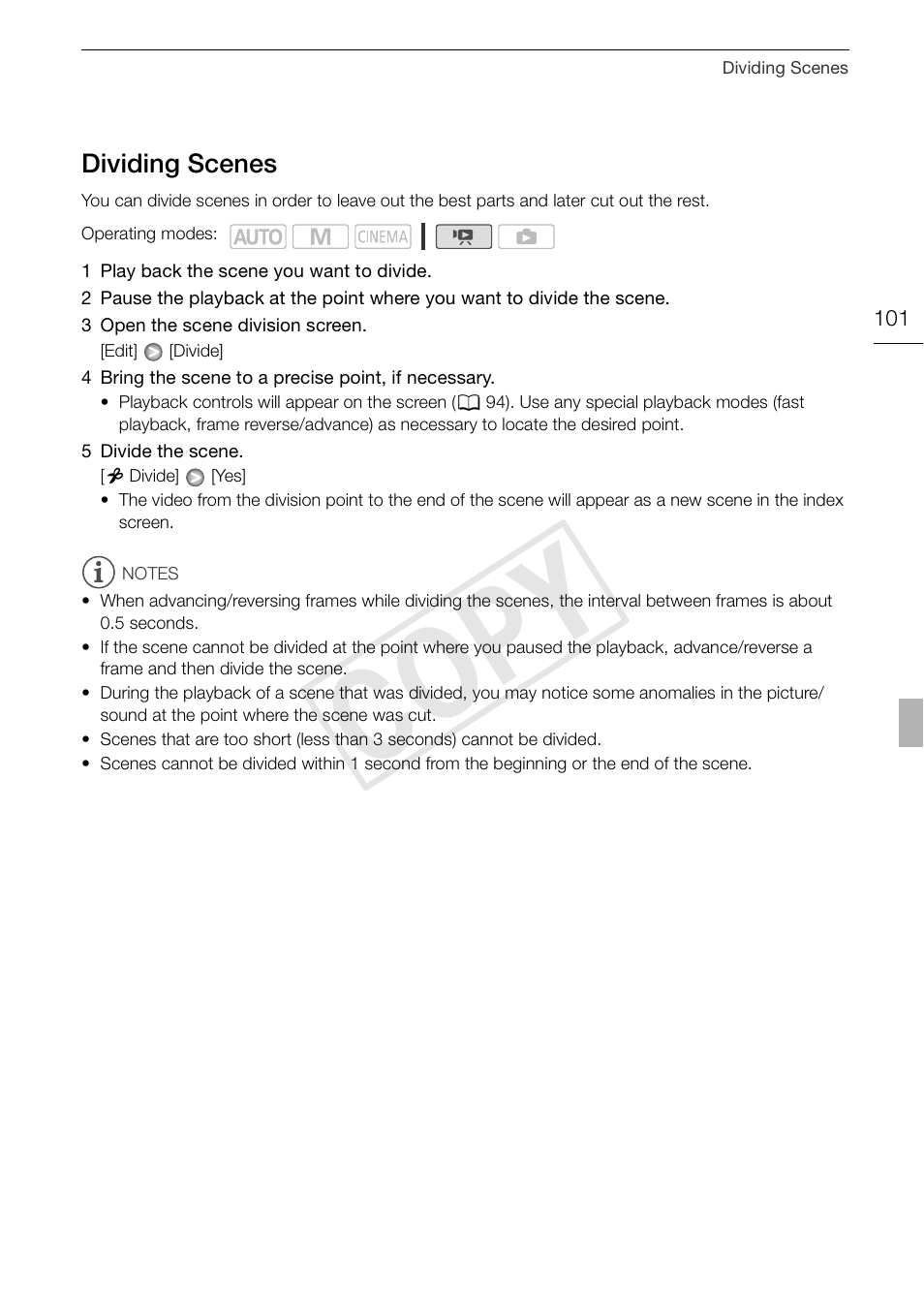 Dividing scenes 101, Cop y | Canon XA10 User Manual | Page 101 / 191