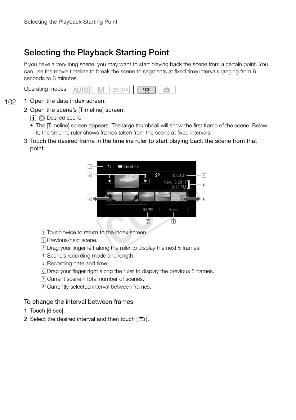 Selecting the playback starting, Point 102, Cop y | Canon XA10 User Manual | Page 102 / 191