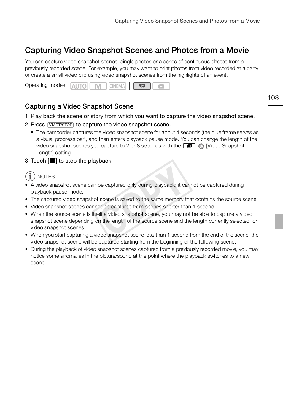 Capturing video snapshot scenes and, Cop y | Canon XA10 User Manual | Page 103 / 191