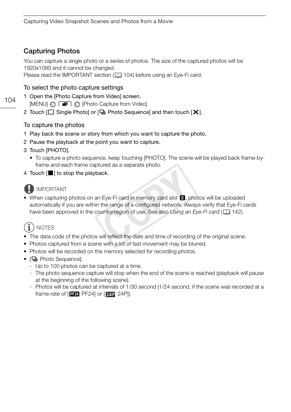 Capturing photos 104, Cop y | Canon XA10 User Manual | Page 104 / 191