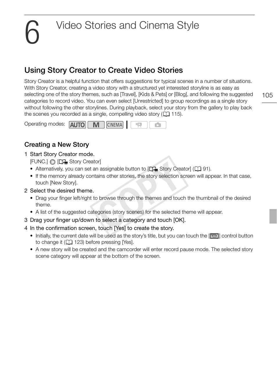 6 video stories and cinema, Style 105, Using story creator to create video | Stories 105 creating a new story 105, Cop y, Video stories and cinema style | Canon XA10 User Manual | Page 105 / 191