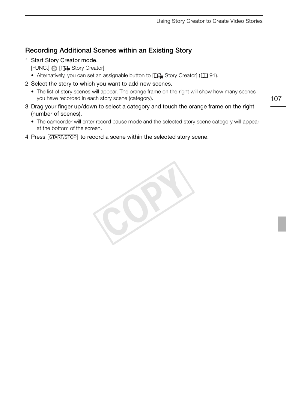 Recording additional scenes within an, Existing story 107, Cop y | Canon XA10 User Manual | Page 107 / 191