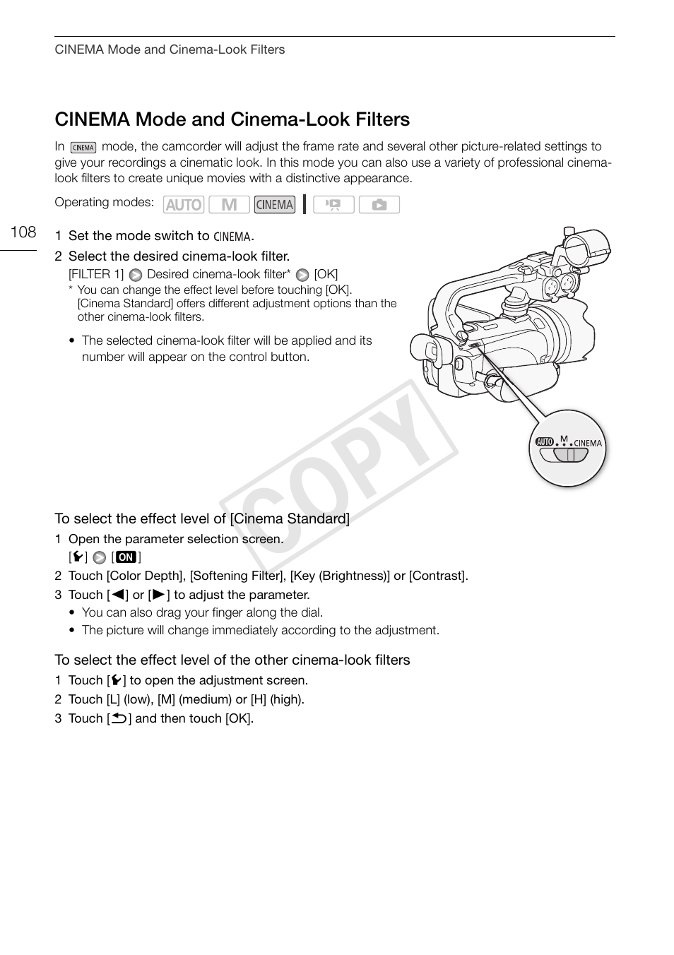 Cinema mode and cinema-look, Filters 108, Cop y | Canon XA10 User Manual | Page 108 / 191