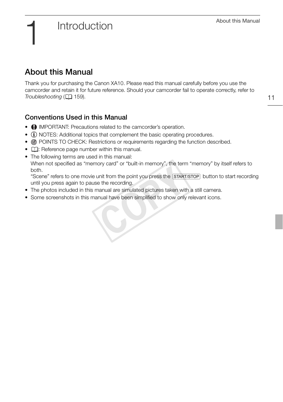 1 introduction 11, About this manual 11, Conventions used in this manual 11 | Cop y, Introduction | Canon XA10 User Manual | Page 11 / 191