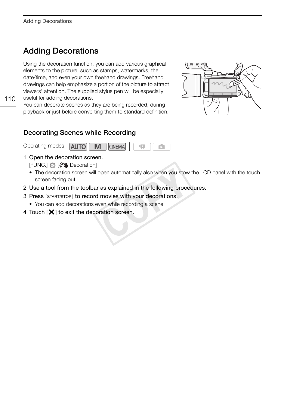 Adding decorations 110, Decorating scenes while, Recording 110 | 110) t, Cop y | Canon XA10 User Manual | Page 110 / 191