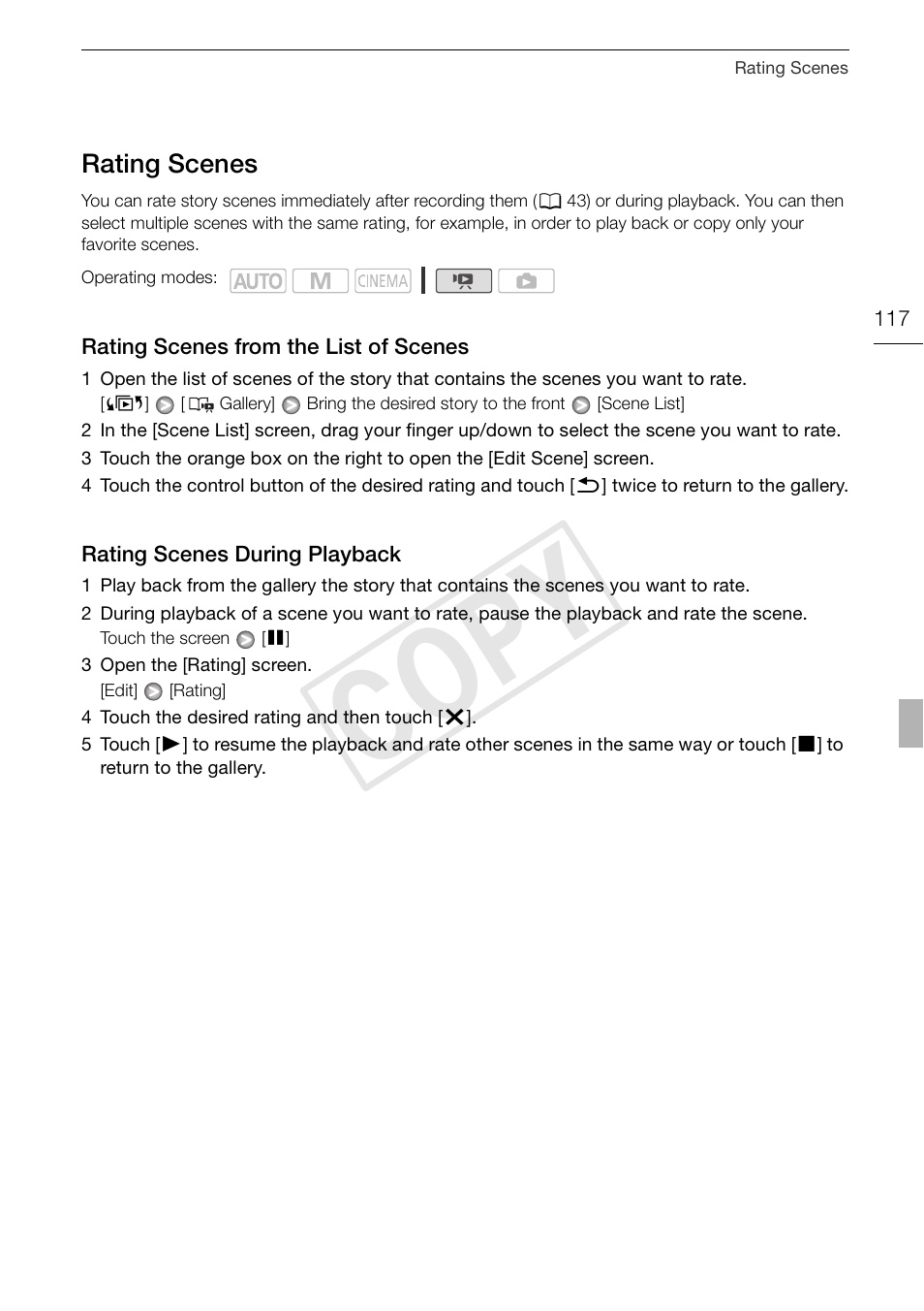 Rating scenes 117, Rating scenes from the list of, Scenes 117 | Rating scenes during playback 117, Cop y | Canon XA10 User Manual | Page 117 / 191