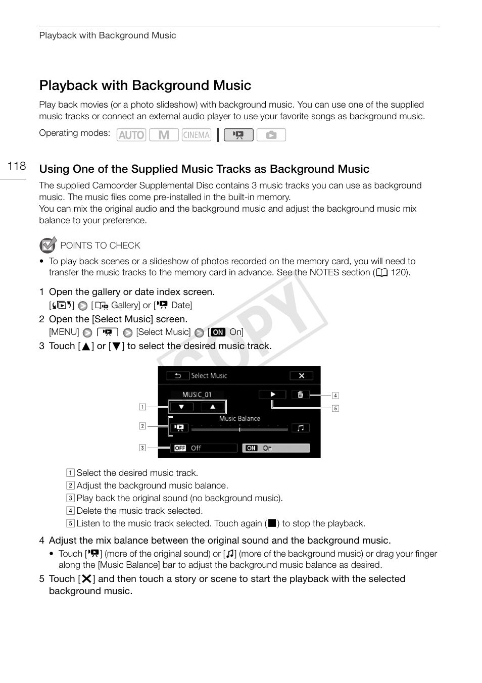 Playback with background music 118, Using one of the supplied music tracks, As background music 118 | Cop y | Canon XA10 User Manual | Page 118 / 191